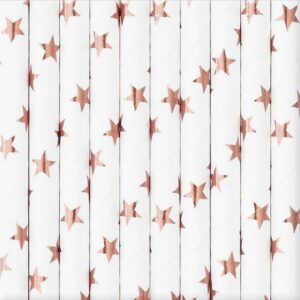 SŁOMKI RURKI PAPIEROWE 19,5x0,6cm białe w różowo-złote gwiazdki 10szt