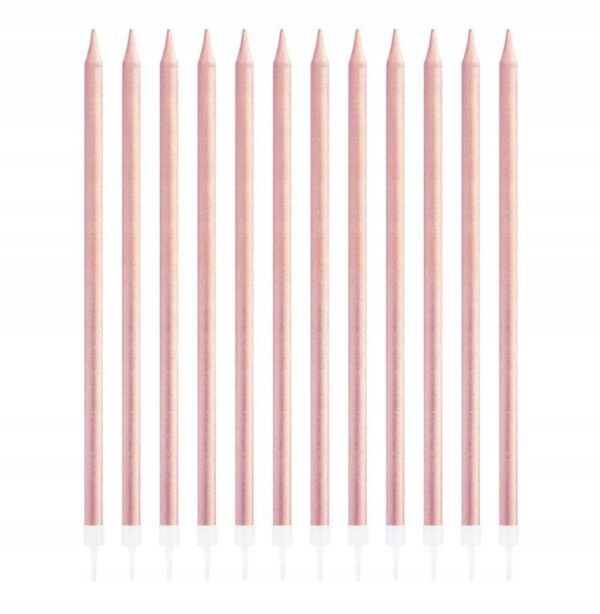Świeczki Urodzinowe Długie z podstawkami ROSE GOLD 13,5cm 12 szt