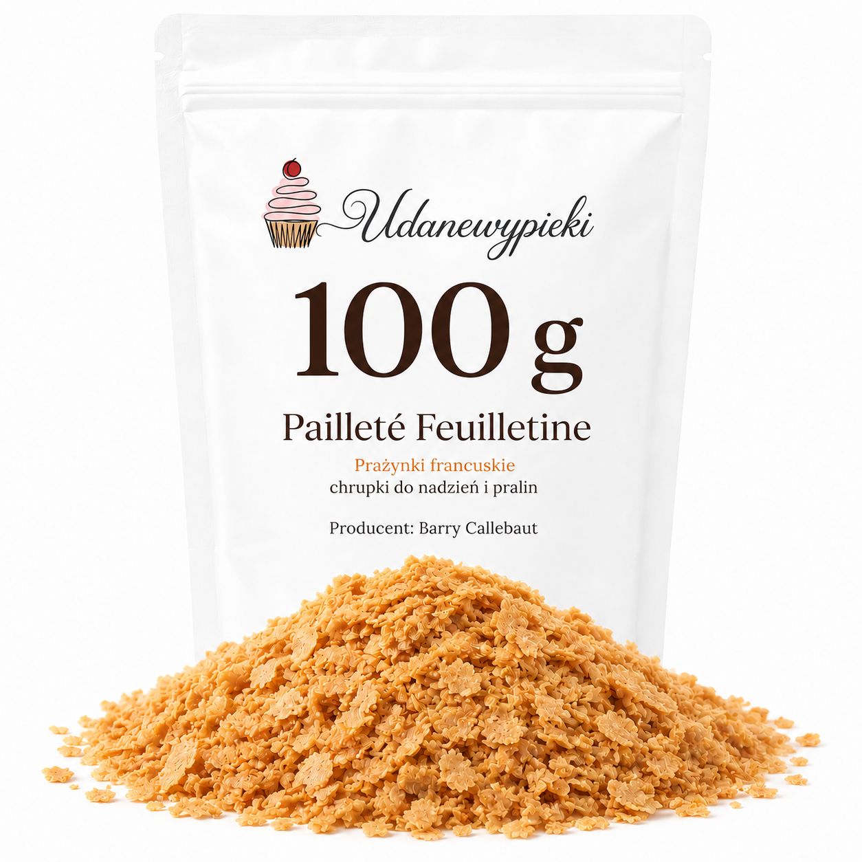 PRAŻYNKI CHRUPKI FRANCUSKIE Do Nadzień Pralin Tortu Paillete Feuilletine 100g › Udanewypieki Prażynki francuskie Pailleté Feuilletine 100 g Barry Callebaut w opakowaniu Udanewypieki