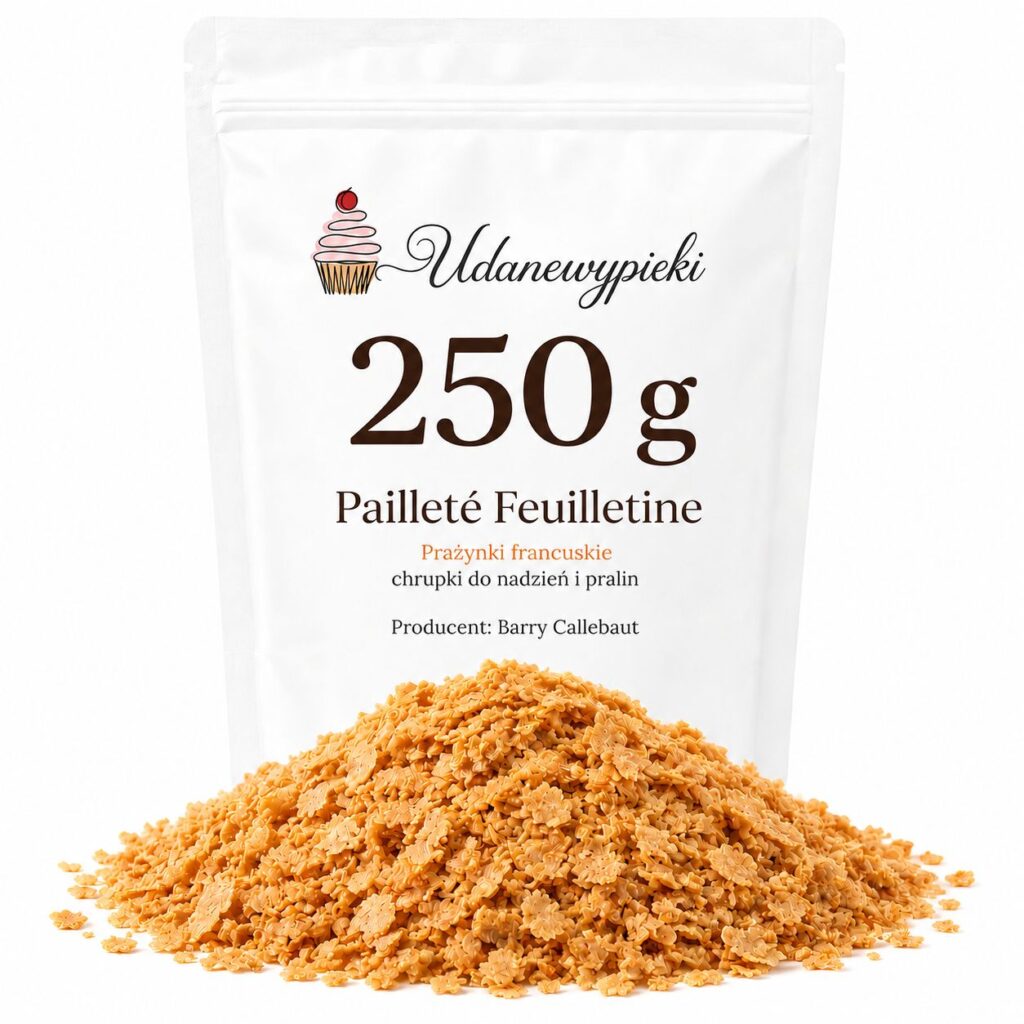 Prażynki francuskie Pailleté Feuilletine Barry Callebaut w opakowaniu 250g Udanewypieki na jasnym tle.