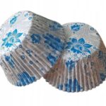 FOREMKI PAPILOTKI do muffinek srebrno niebieskie kwiatki 50x35 mm 100 szt
