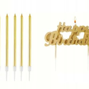ŚWIECZKI URODZINOWE cienkie proste metaliczne złote 6 szt + Happy Birthday