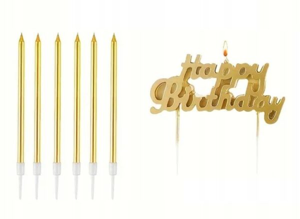ŚWIECZKI URODZINOWE cienkie proste metaliczne złote 6 szt + Happy Birthday
