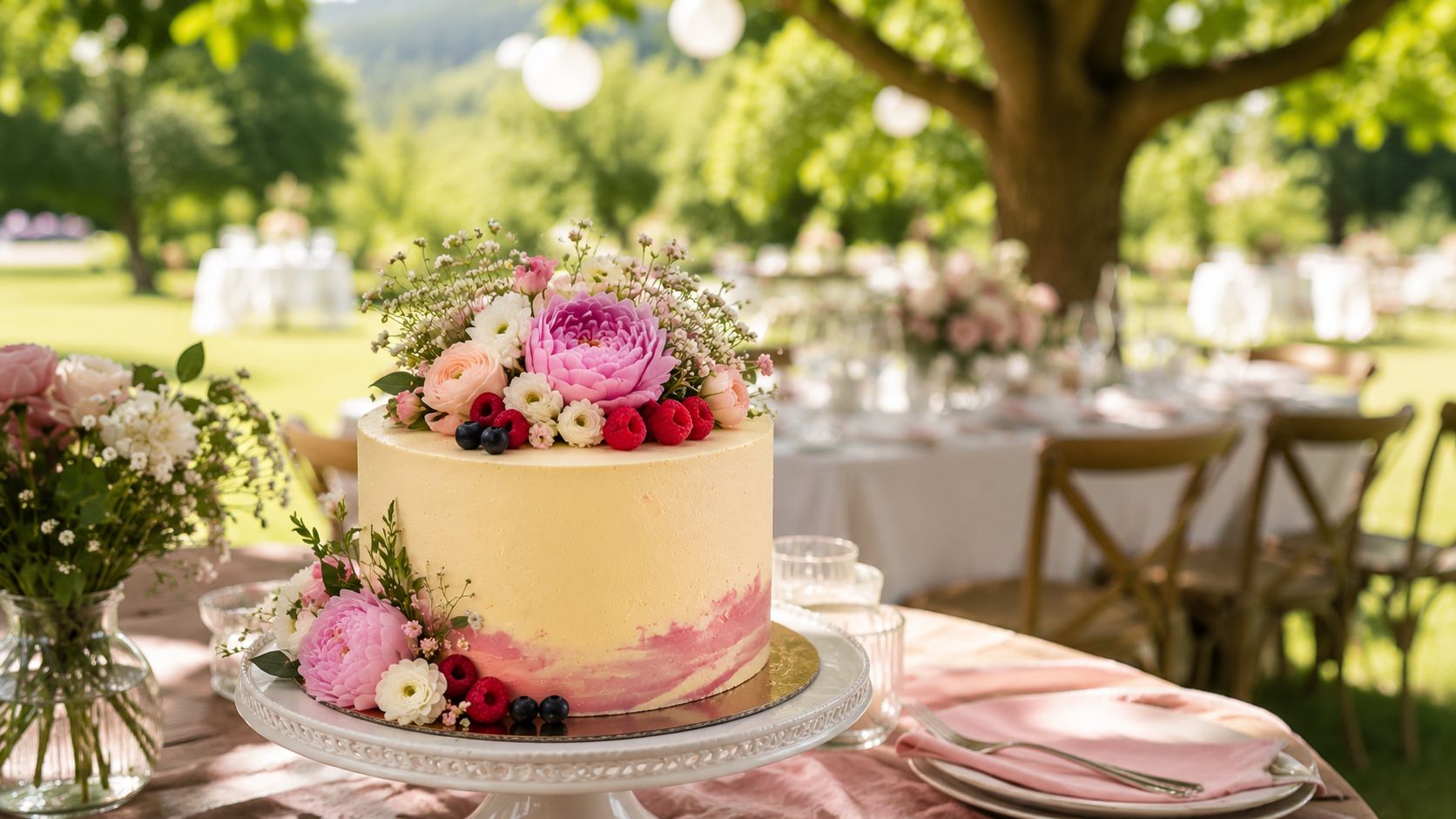 A pastel wedding cake on a white stand topped with pink peonies, berries, and white flowers outdoors under trees.
