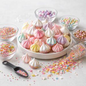 Plate of pastel meringue cookies with rainbow sprinkles on a white platter, surrounded by bowls of colorful candies and sprinkles.