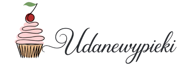 Logo for Udanewypieki showing a pink cupcake with a cherry and leaf beside the cursive text Udanewypieki.