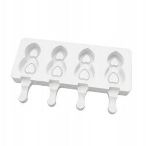 White four-cavity heart-shaped popsicle mold with handles on a white tray