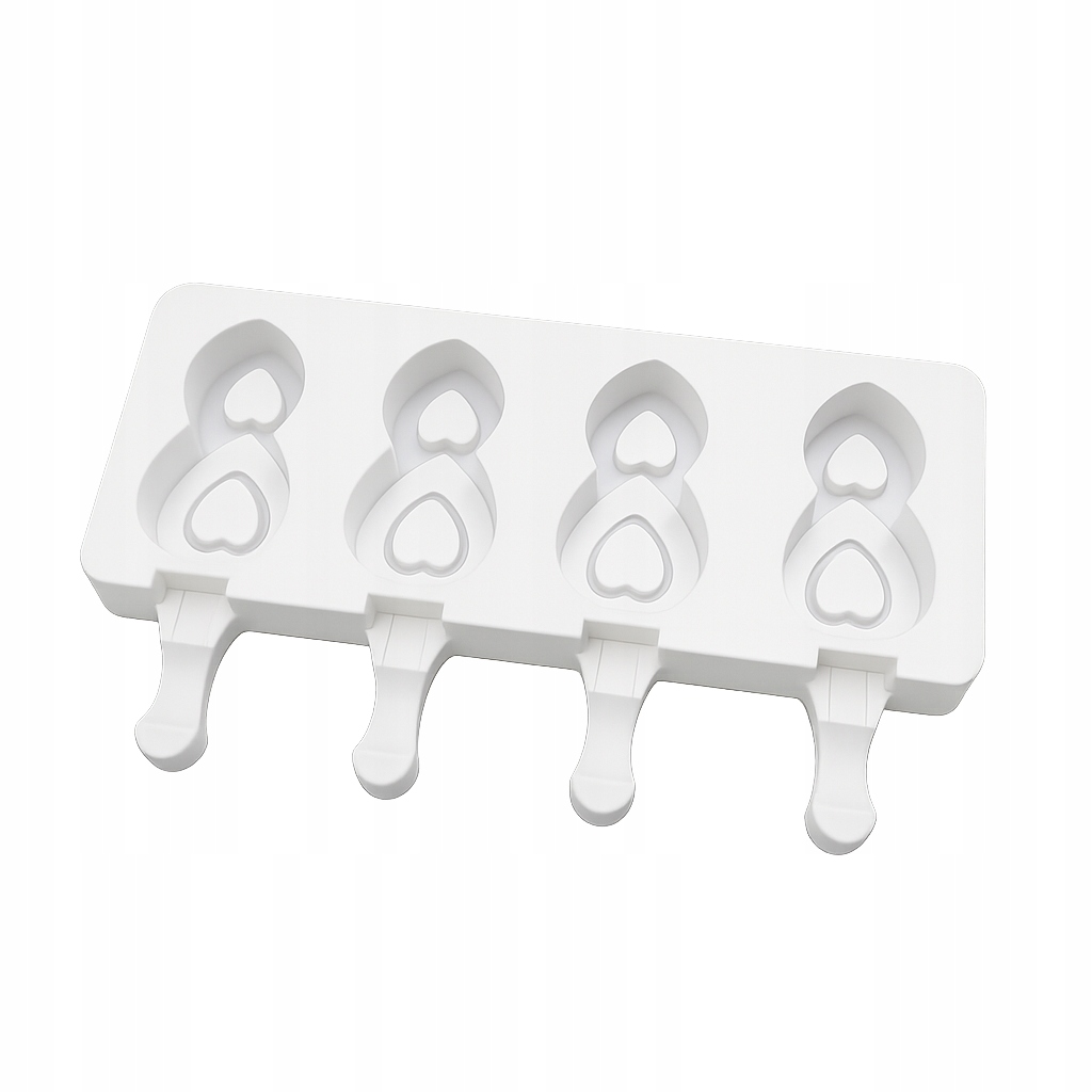 White four-cavity heart-shaped popsicle mold with handles on a white tray