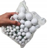 Hand holding a plastic bag filled with white grapes on their stems.