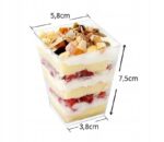 1e8017aaa940b52291a4fda4ddc21fb3jpg › Udanewypieki Clear plastic dessert cup with layered cake, cream, and fruit, topped with chopped nuts; size labels show 5.8 cm (top), 7.5 cm height, and 3.8 cm base.