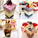 3d0a405d4e04ab713a11d342652198fejpg › Udanewypieki Collage of four layered dessert parfaits in clear square glasses with fruit, chocolate, and cream toppings.