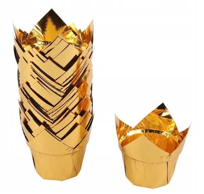 Foremki papilotki do muffinek babeczek tulipany 50szt złote eleganckie › Udanewypieki Foremki papilotki do muffinek babeczek tulipany 50szt złote eleganckie