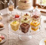 622c1178f518c4c9b06fc5e850df7f2fjpg › Udanewypieki Assorted mini dessert cups on a tiered glass stand at a festive table, with a naked cake in the background and macarons nearby