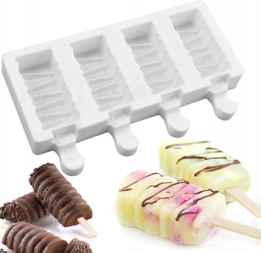 White four-cavity silicone ice pop mold with frozen pops and chocolate-draped treats on sticks.