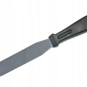 Metal icing spatula with a flat wide blade and black handle, used for spreading frosting on cakes.