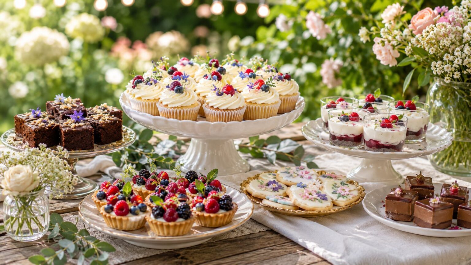 Letni stół deserowy w ogrodzie › Udanewypieki › Udanewypieki Elegancki słodki stół w ogrodzie z babeczkami, brownie, tartaletkami z owocami, ciasteczkami i deserami w pucharkach.