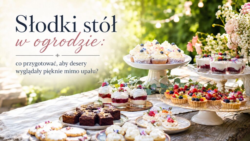 Słodki stół w ogrodzie latem – kolorowe babeczki, ciasteczka i desery na candy barze dekorowanym kwiatami i girlandami