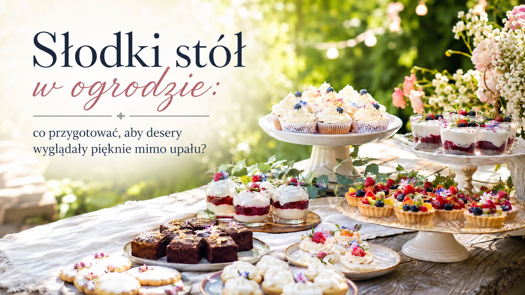Słodki stół w ogrodzie latem › Udanewypieki Słodki stół w ogrodzie latem – kolorowe babeczki, ciasteczka i desery na candy barze dekorowanym kwiatami i girlandami