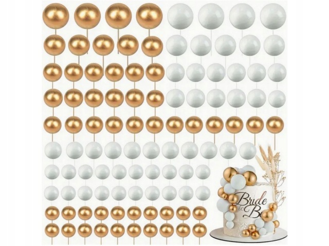 a1013e48f5c6a3d9502709aeb593137d-2jpg › Udanewypieki Gold and white pearl balloon garland backdrop with a small wedding cake on the right side.