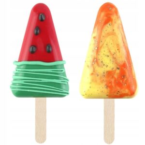 be2fcd07697160ad061af39d883f3c91jpg › Udanewypieki Two candy popsicles on sticks: a red cone with green swirls and black dots, and a yellow-orange marbled pop.