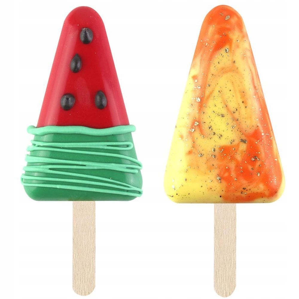 be2fcd07697160ad061af39d883f3c91jpg › Udanewypieki Two candy popsicles on sticks: a red cone with green swirls and black dots, and a yellow-orange marbled pop.