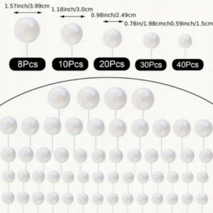 Assorted pearl beads in two sections: top row shows counts and sizes (8Pcs ~1.57in, 10Pcs ~1.18in, 20Pcs ~0.98in, 30Pcs ~0.78in, 40Pcs ~0.59in); bottom section displays a grid of smaller pearls.