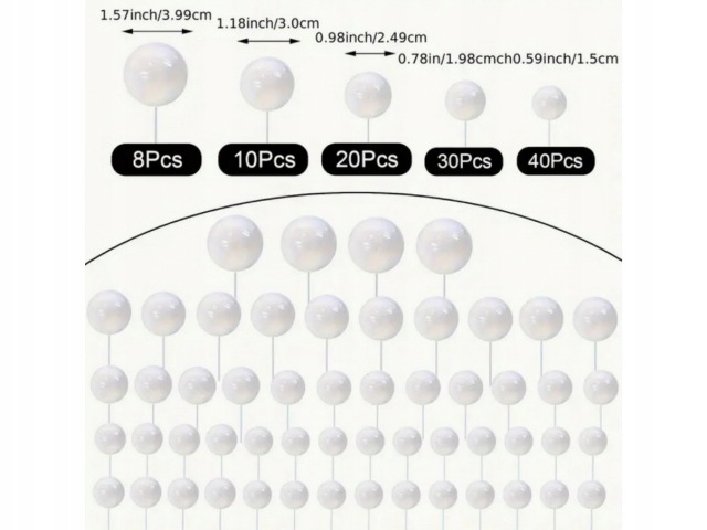 Assorted pearl beads in two sections: top row shows counts and sizes (8Pcs ~1.57in, 10Pcs ~1.18in, 20Pcs ~0.98in, 30Pcs ~0.78in, 40Pcs ~0.59in); bottom section displays a grid of smaller pearls.
