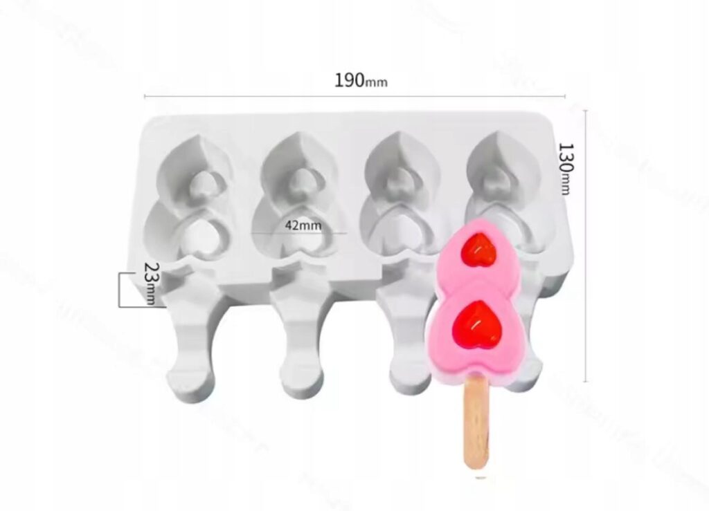 ef7569f12e6c9fe2b039dab04d156601jpg › Udanewypieki Four-heart silicone popsicle mold; pink heart popsicle on a stick, overall size 190×130 mm.
