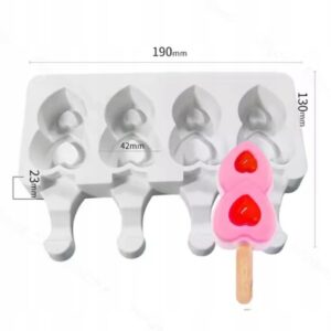Four-heart silicone popsicle mold; pink heart popsicle on a stick, overall size 190×130 mm.